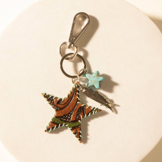 Moonlight Bay Hand-Tooled Leather Star Key Fob-Amber Turquoise