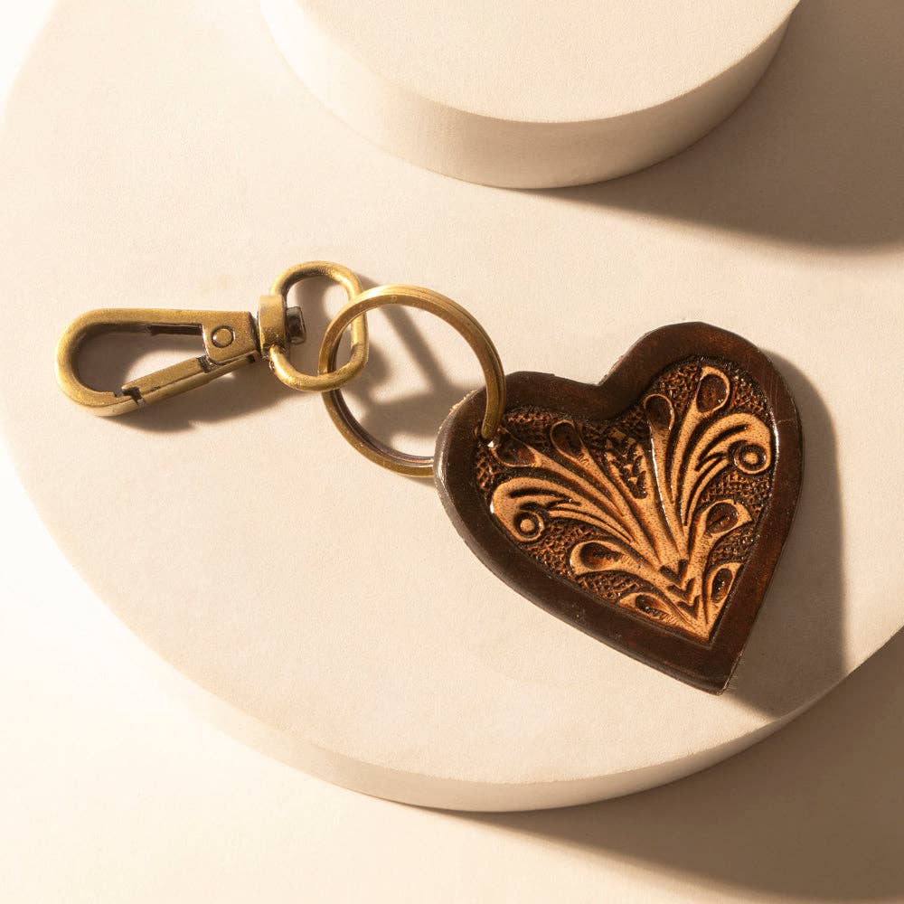Carved Heart Handtooled Leather Key Fob – Dark Brown