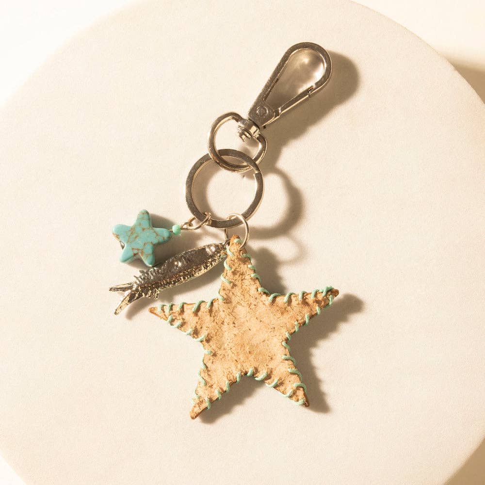 Moonlight Bay Hand-Tooled Leather Star Key Fob-Amber Turquoise