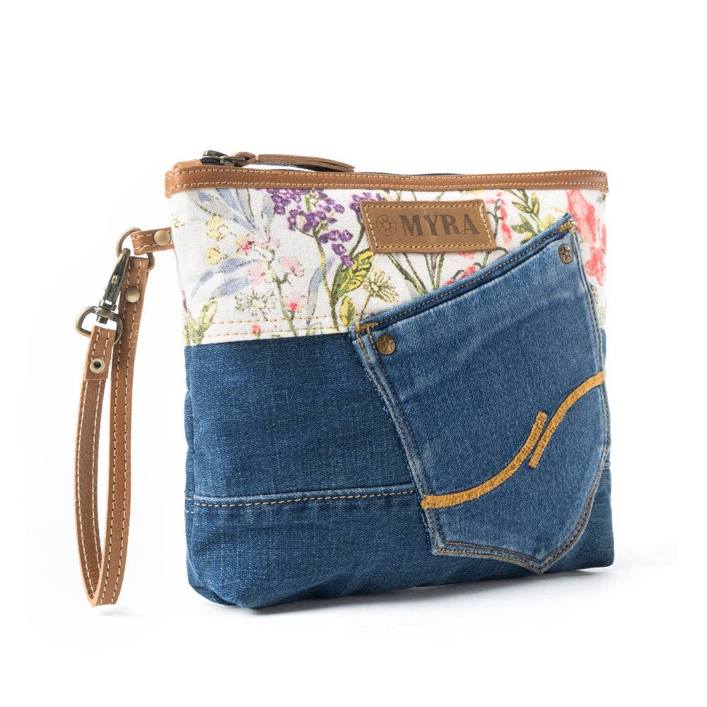 Dahlia Floral Denim Clutch & Wristlet